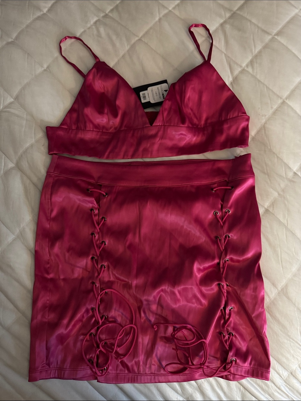 Fashion Nova Satin Lace-Up skirt in & Pink Top  XL NWT